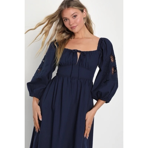 NWT Lulus Sunny Enchantment Navy Embroidered Balloon Sleeve Midi Dress - Picture 2 of 14